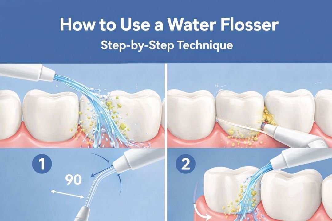 how to use a water flosser correctly step by step technique diagram