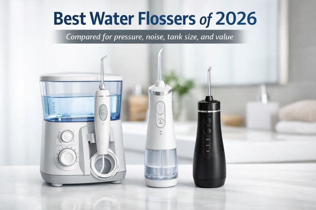 Three top-rated water flossers on a bathroom counter for a 2026 buying guide comparison