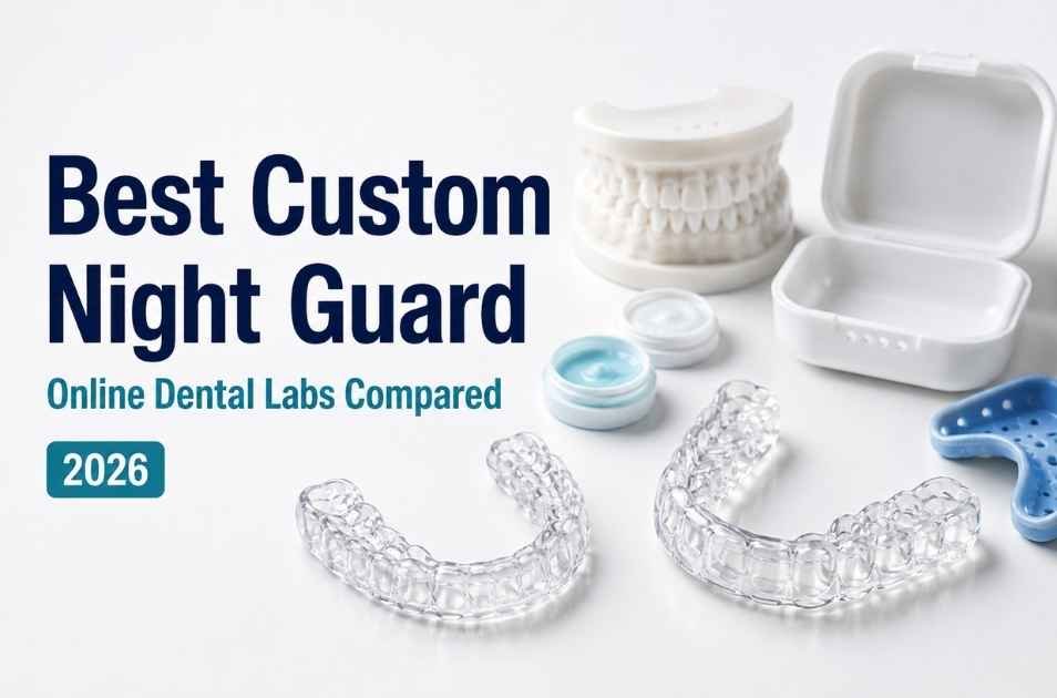 `Featured image for “Best Custom Night Guard (2026)” showing two clear custom-fit night guards with dental impression trays, molds, model, and storage case`