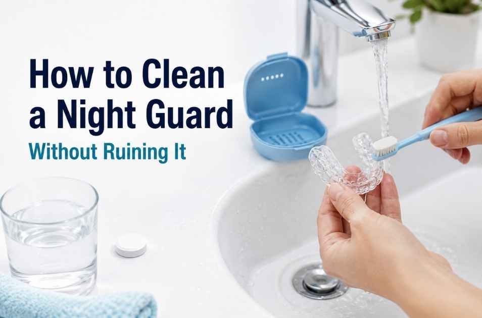 `Featured image for “How to Clean a Night Guard (Without Ruining It)” showing a clear night guard being gently brushed under cool running water beside a case and soaking glass`