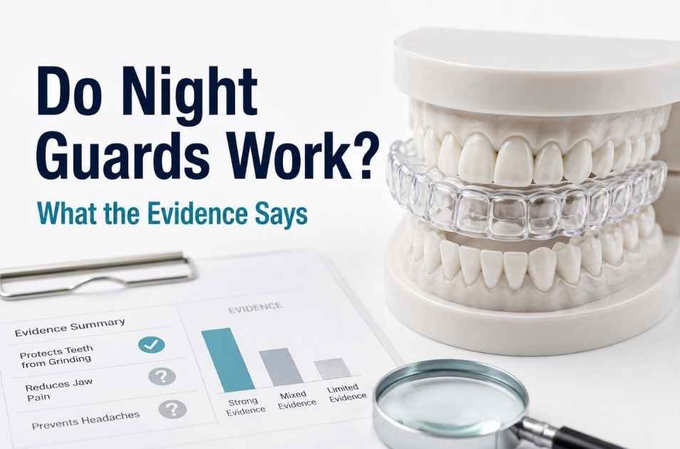 `Featured image for “Do Night Guards Work?” showing a clear night guard on a dental model beside an evidence summary chart and magnifying glass`
