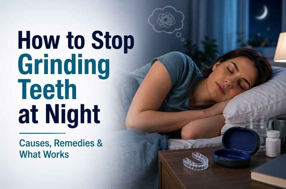 `Featured image for “How to Stop Grinding Teeth at Night” showing a sleeping adult with a clear night guard nearby and subtle nighttime stress and sleep cues`